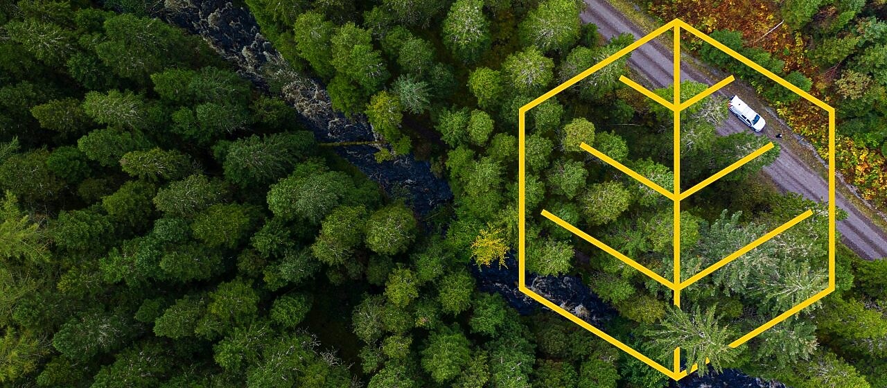 航拍：一條河流和一輛行駛在松樹林的道路上的白色卡車，上面有「尊重自然」的輪廓圖