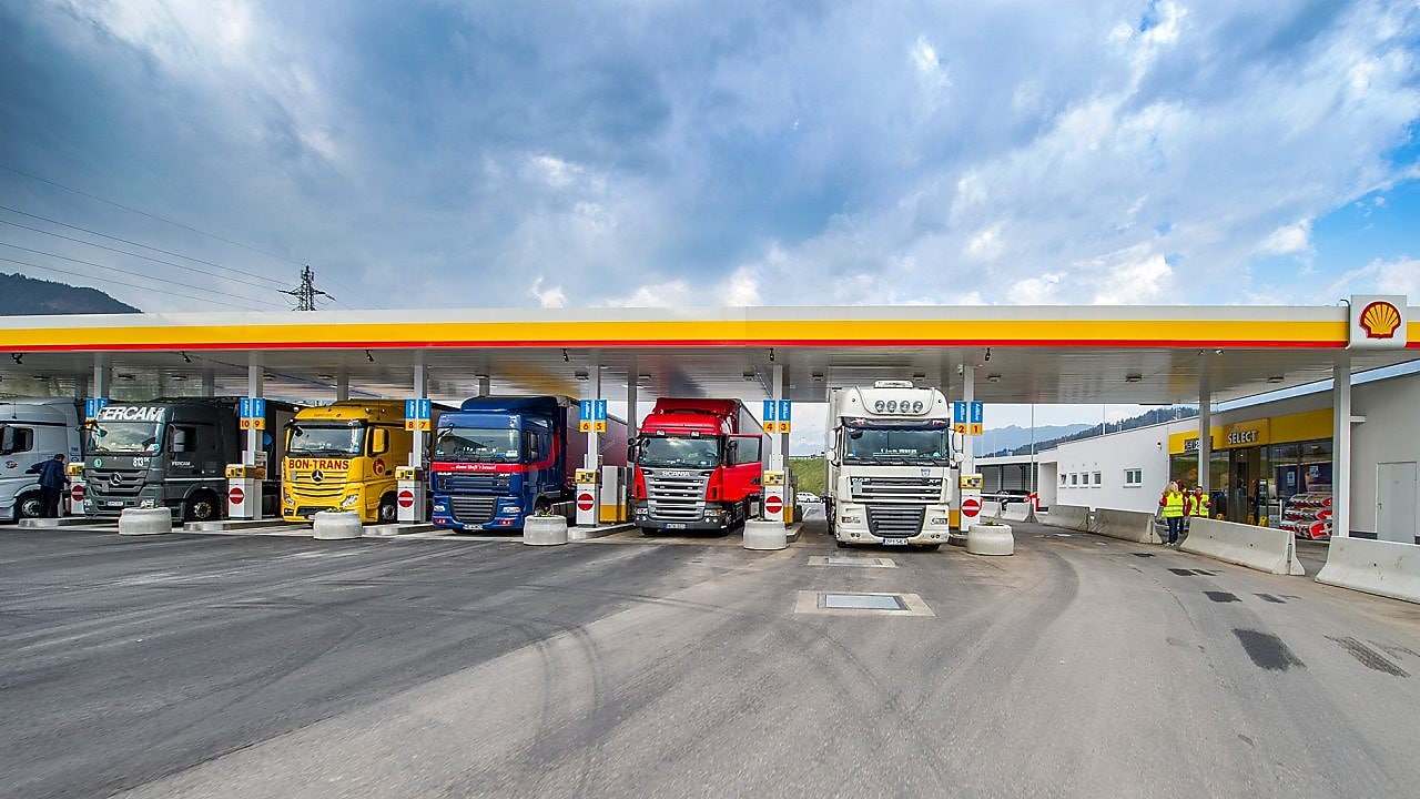 Buses standing at Shell Station